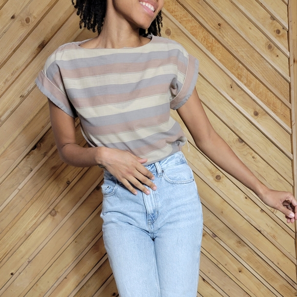 Vintage Boxy Cut Vertical Stripe Top with Cuff Sleeves - Picture 1 of 15